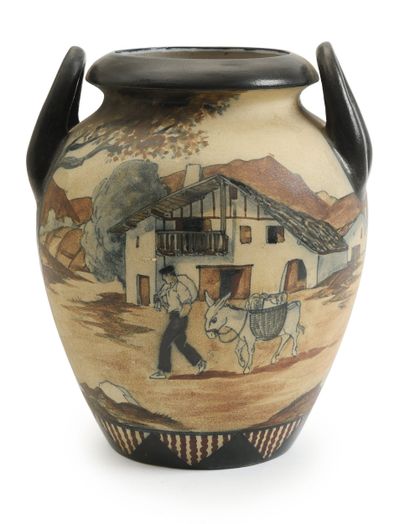 CIBOURE 
Enameled stoneware vase with two...