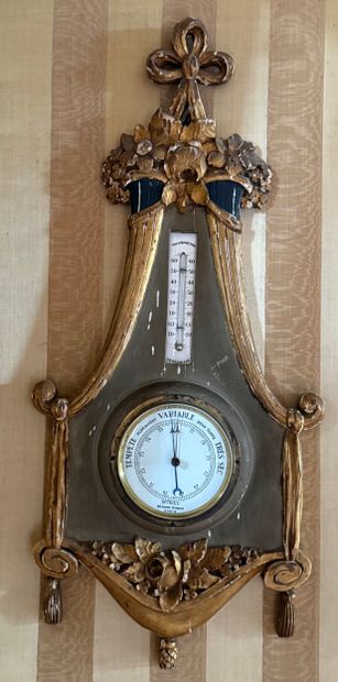BAROMETRE-THERMOMETRE en bois laqué gris...
