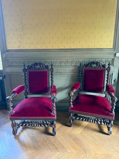 Pair of oak ARMCHAIRS, the backrest with...