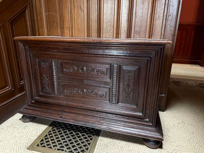 Moulded and carved oak COFFRE, the front...