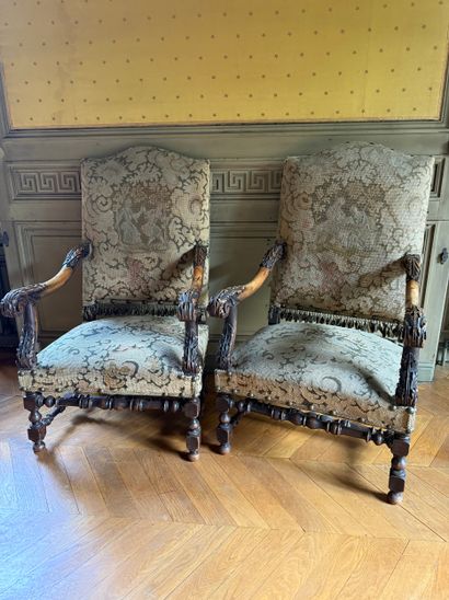 Pair of high-backed armchairs in molded and...