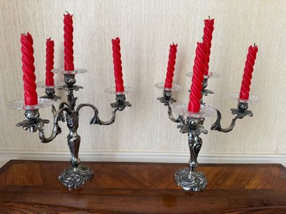 Pair of silver-plated FLAMBEAUX with a bouquet...