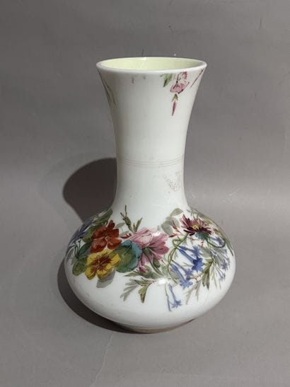 A blue-and-white overlay glass conical vase...