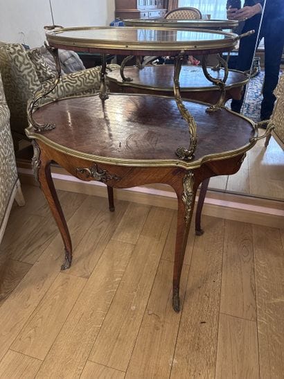 Oval tea table made of wood veneer inlaid...