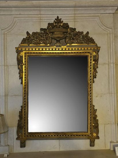 STUCCOED, LACQUERED, AND GILDED WOODEN PEDIMONT...