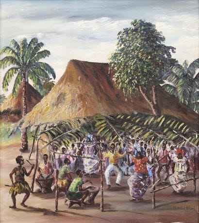 Albert DOMBE (XX) Fête au village. Huile...