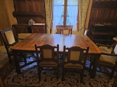 Large walnut DINING ROOM TABLE, with six...