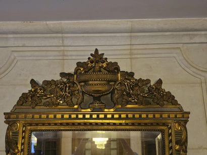STUCCOED, LACQUERED, AND GILDED WOODEN PEDIMONT...