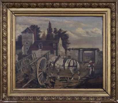 A AUBRY (XIXe). Percheron dans une cour de...