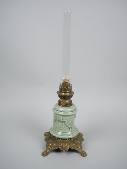 Celadon earthenware kerosene lamp with gilded...