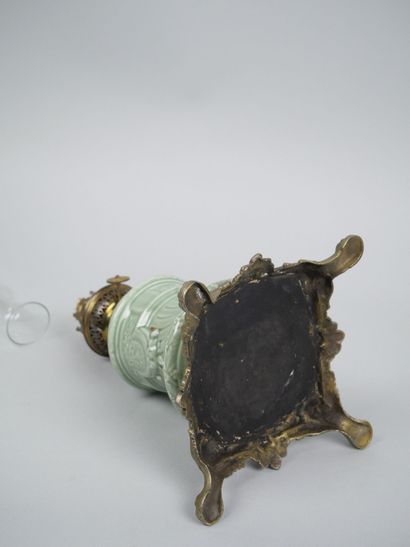 Celadon earthenware kerosene lamp with gilded...