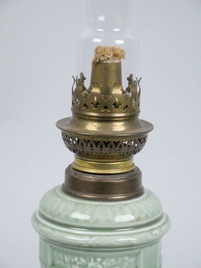 Celadon earthenware kerosene lamp with gilded...