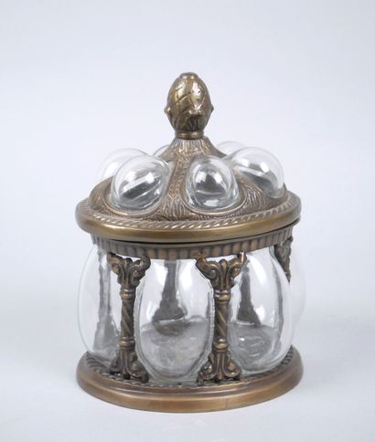 Oval blown-glass and metal cookie tin decorated...