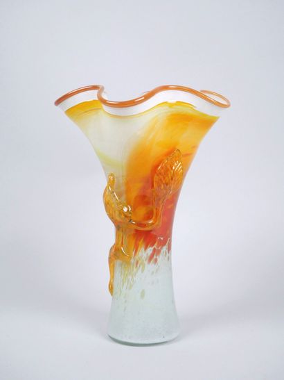 Orange-toned blown glass corolla vase decorated...