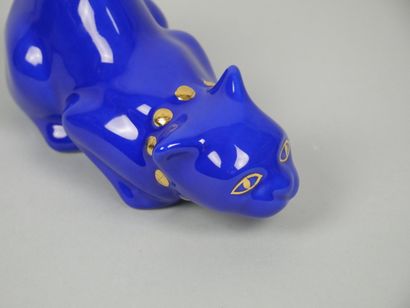 LONGWY
Blue-glazed earthenware cat with gold...