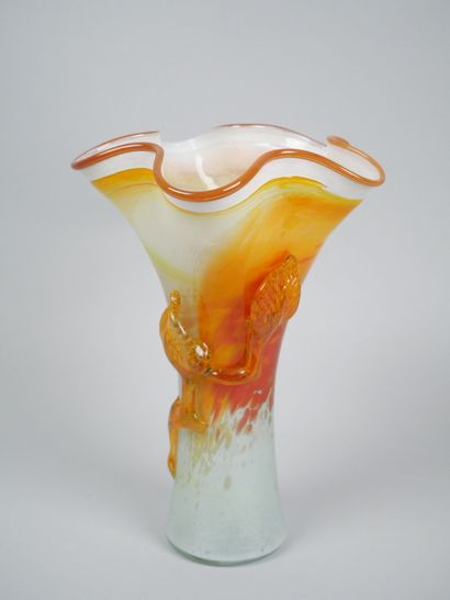 Orange-toned blown glass corolla vase decorated...