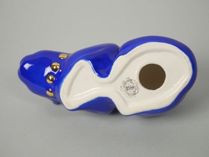 LONGWY
Blue-glazed earthenware cat with gold...