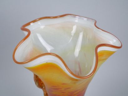 Orange-toned blown glass corolla vase decorated...