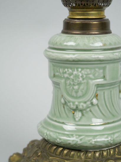 Celadon earthenware kerosene lamp with gilded...