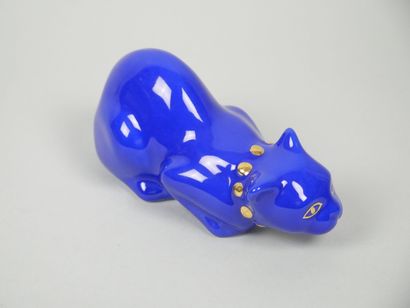 LONGWY
Blue-glazed earthenware cat with gold...