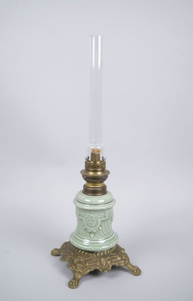 Celadon earthenware kerosene lamp with gilded...