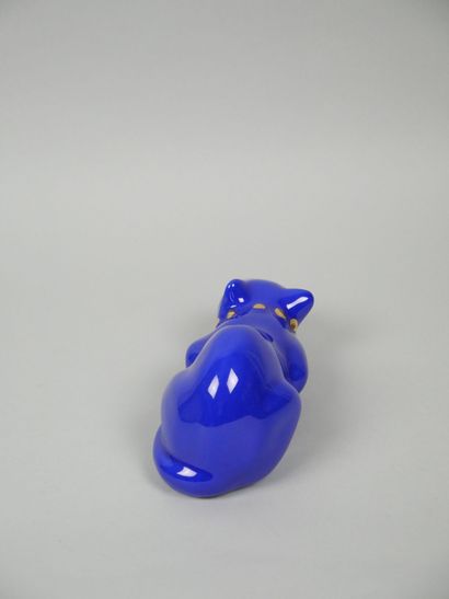 LONGWY
Blue-glazed earthenware cat with gold...