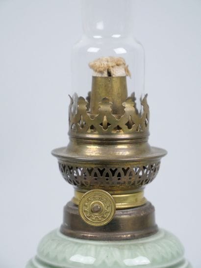 Celadon earthenware kerosene lamp with gilded...