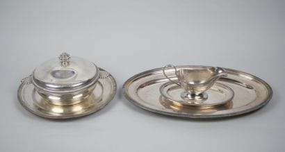 Suite of silver plated dishes with gadroon...