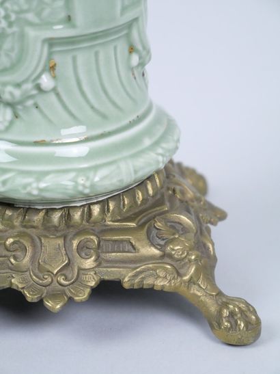 Celadon earthenware kerosene lamp with gilded...