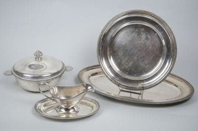 Suite of silver plated dishes with gadroon...