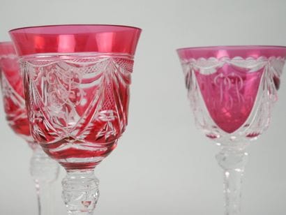 Reunion of 5 crystal glasses partially tinted...