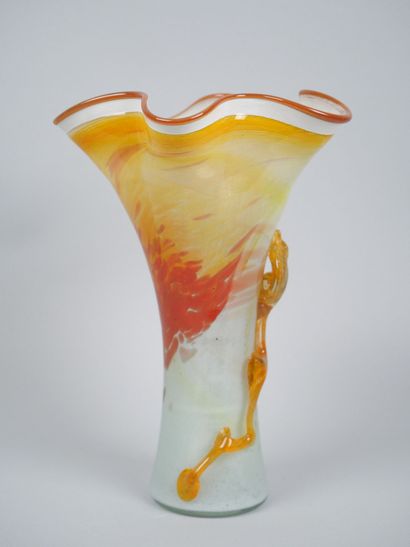 Orange-toned blown glass corolla vase decorated...