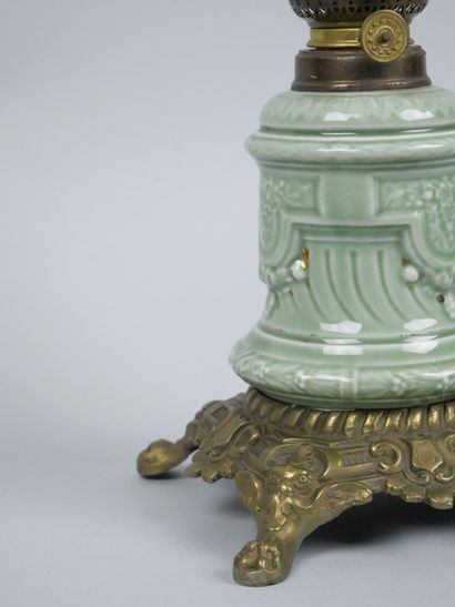 Celadon earthenware kerosene lamp with gilded...