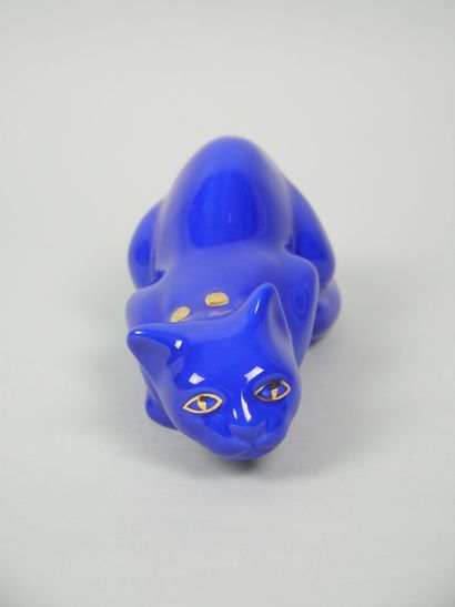 LONGWY
Blue-glazed earthenware cat with gold...