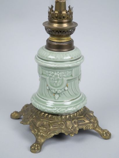 Celadon earthenware kerosene lamp with gilded...