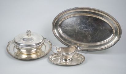 Suite of silver plated dishes with gadroon...