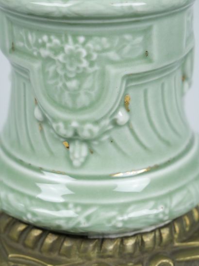 Celadon earthenware kerosene lamp with gilded...