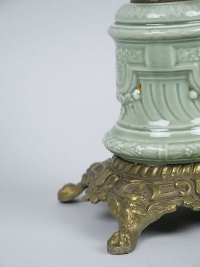 Celadon earthenware kerosene lamp with gilded...