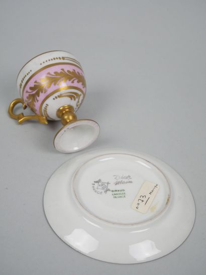 LIMOGES 
Set of three porcelain cups on pedestal...