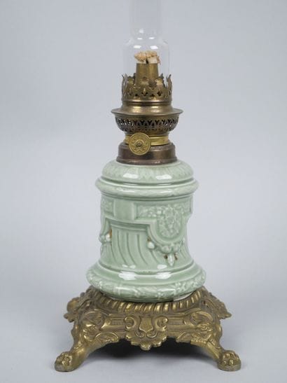 Celadon earthenware kerosene lamp with gilded...