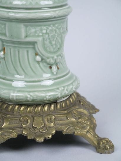 Celadon earthenware kerosene lamp with gilded...