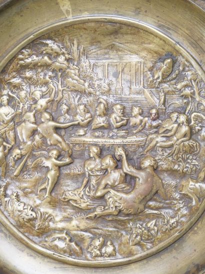 Bronze tripod bowl with relief decoration...