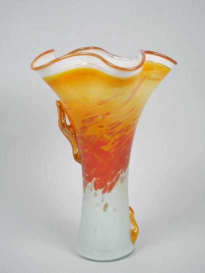 Orange-toned blown glass corolla vase decorated...