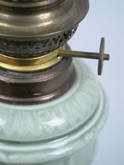 Celadon earthenware kerosene lamp with gilded...