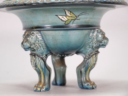 Earthenware tripod bowl with turquoise background,...