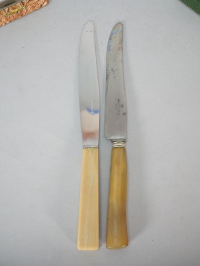 12 large stainless steel knives, horn handles,...
