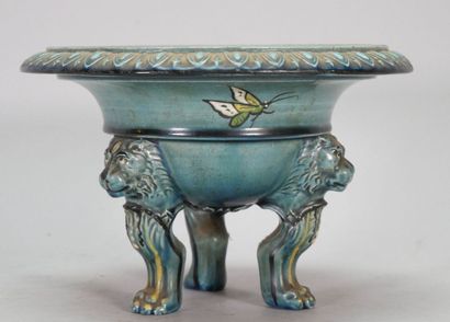 Earthenware tripod bowl with turquoise background,...