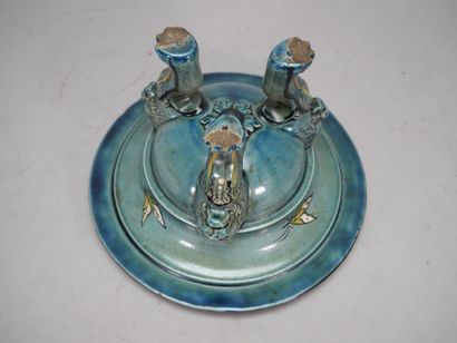 Earthenware tripod bowl with turquoise background,...