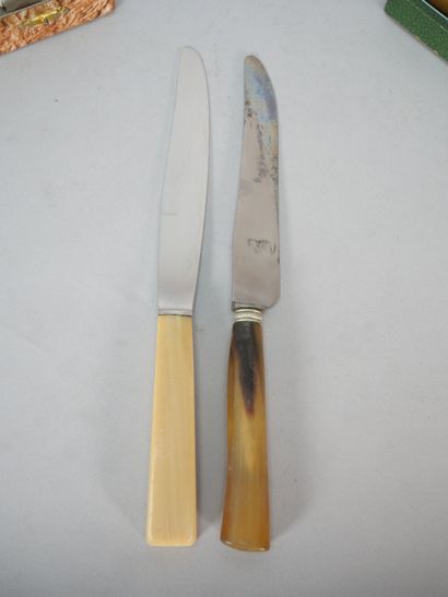 12 large stainless steel knives, horn handles,...