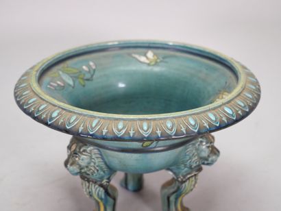 Earthenware tripod bowl with turquoise background,...